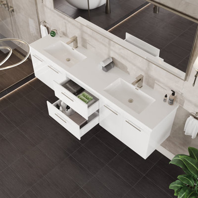 Lumina  Meuble-lavabo mural double avec comptoir en acrylique et lavabos intégrés