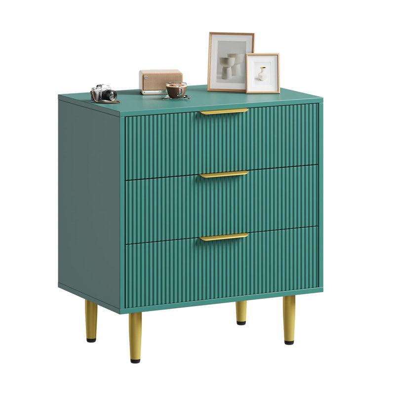 Commode 3 tiroirs cannelée pour chambre à coucher, commode en bois avec poignées en métal pour le rangement du salon ou du couloir