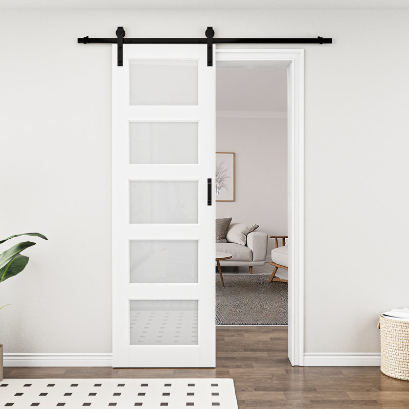 Porte de grange coulissante en verre et en bois 96 po H 5-Lite 96 po avec ensemble de quincaillerie d'installation, Blanc