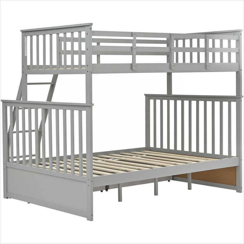 Lit superposé simple au-dessus d'un lit double en bois massif gris classique avec tiroirs de rangement, échelle et garde-corps pour chambres