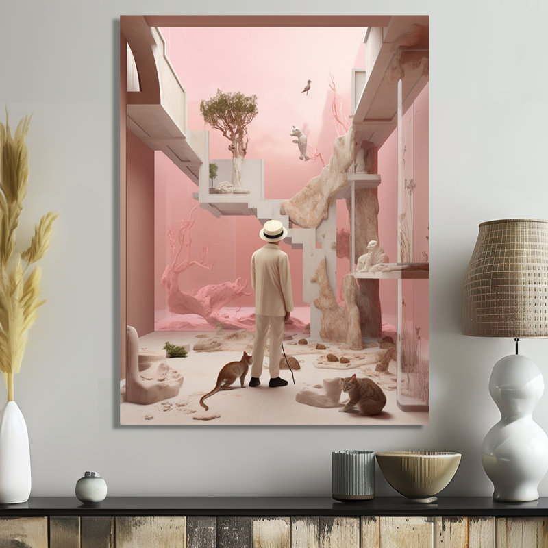 «Artist Portrait White Hat and Cats - Man», art mural, Toile tendue, H 32 po x l 16 po x P 1 po