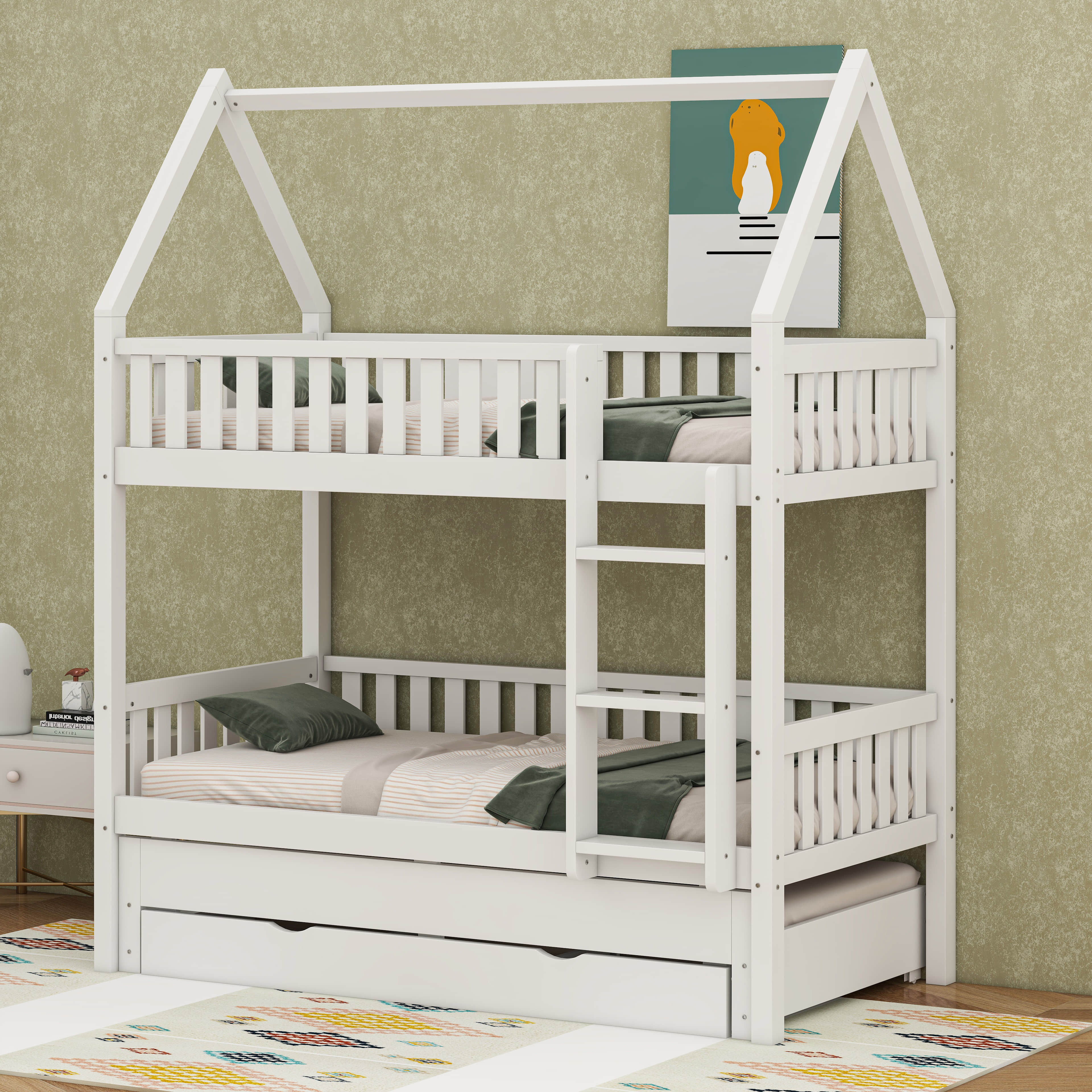 Ebern Designs Twin Over Twin House Bunk Bed With Trundle And Storage ...