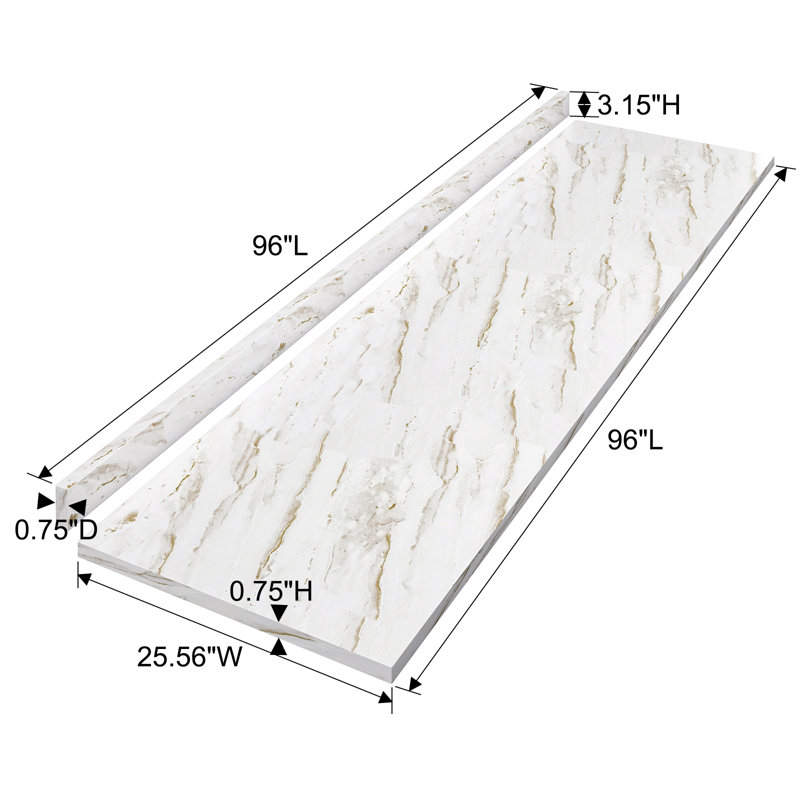 Plateau de table rectangulaire en stratifié 25,6 po, L 72 po x l 25,6 po, Marbre dramatique