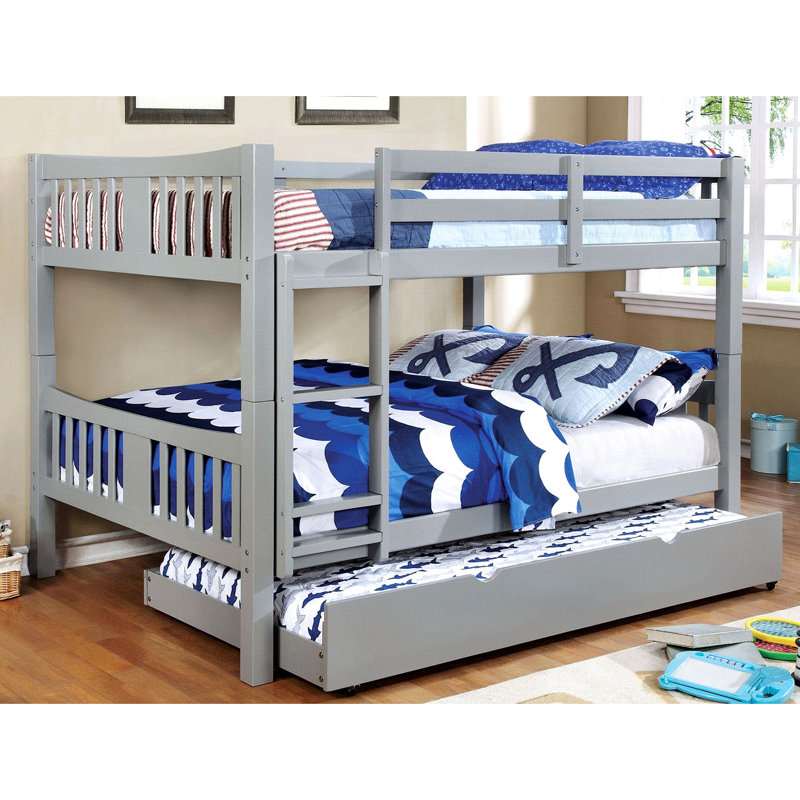 Lit superposé transitionnel double de couleur grise, attaché, 13 pièces Lattes, rails à joints verrouillables, bois massif pour la chambre à coucher en finition, -