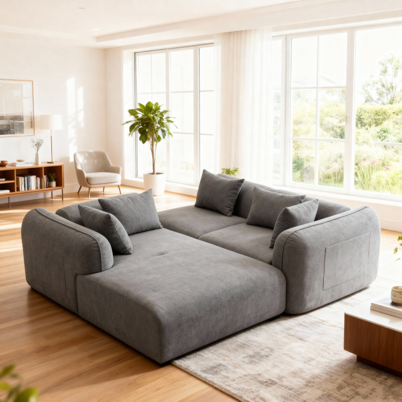 Boneless Cloud Sectional Couch In Two Boxes, Compressed Modular Sectional Sofa With Deep Seat, Gray Chenille