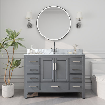 Meuble-lavabo gris en bois d'hévéa et contreplaqué avec lavabo en céramique et plateau en marbre