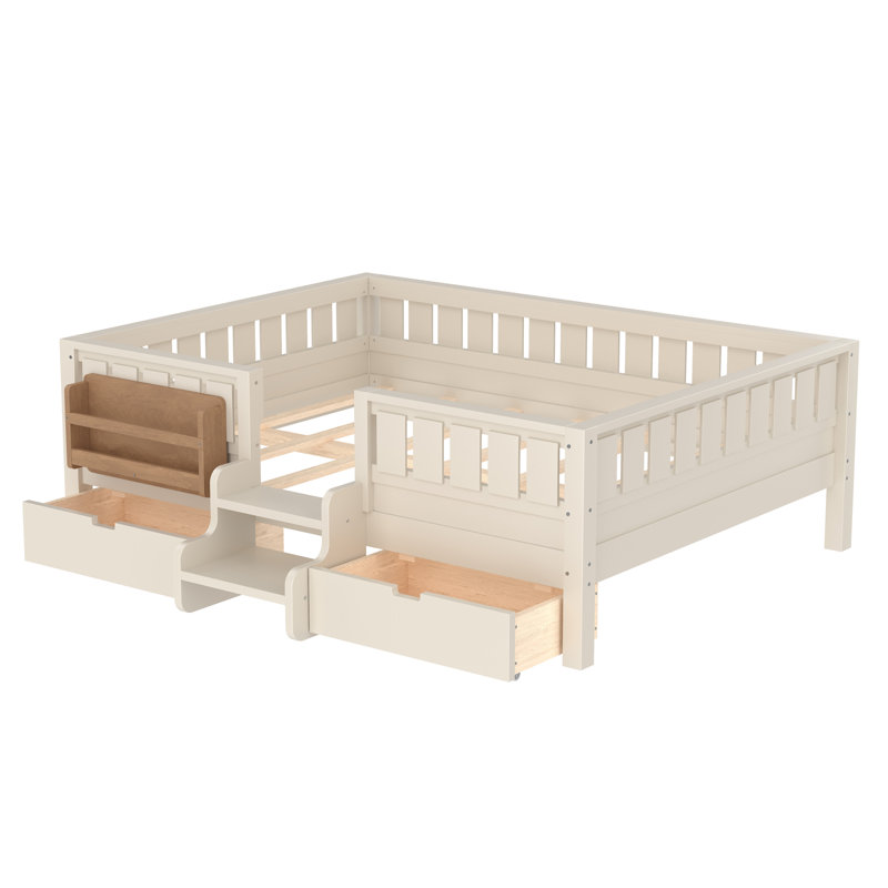 Lit de jour double avec 2 tiroirs et garde-corps double, Beige