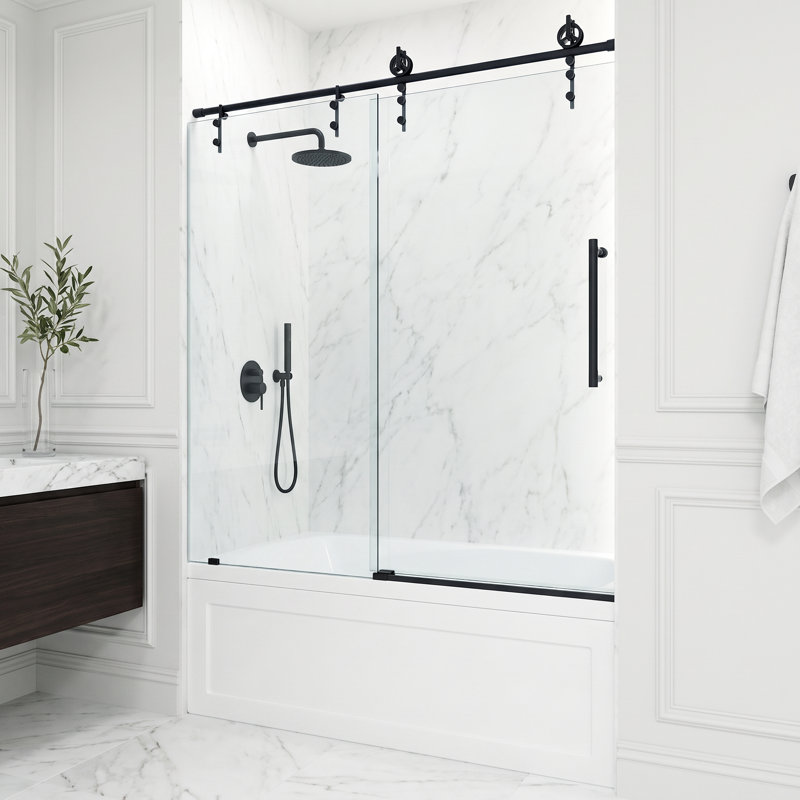 Hamilton 56-60" W x 68" H Sliding Frameless Tub Door with 3/8" Clear Glass, Matte Black