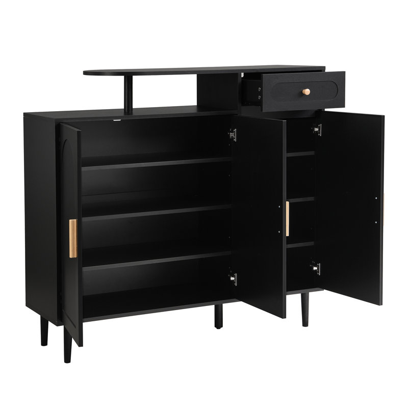 Élégante armoire à chaussures avec portes arquées et tiroir, buffet de rangement avec tablettes réglables et pieds en bois