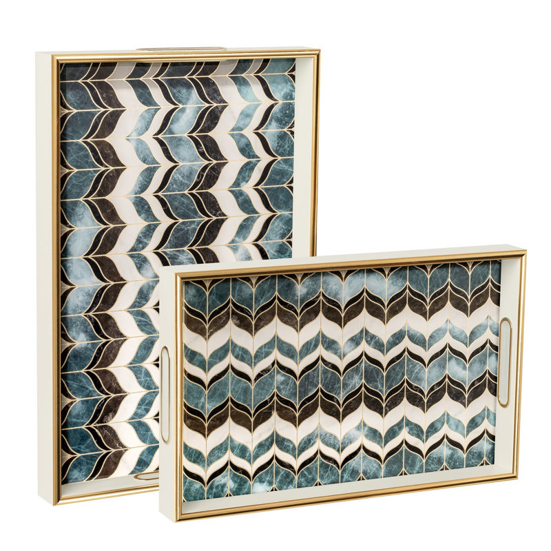 Ensemble de 2 plateaux de service et de présentation empilables blancs Savoy avec plateau en verre (chevrons abstraits)