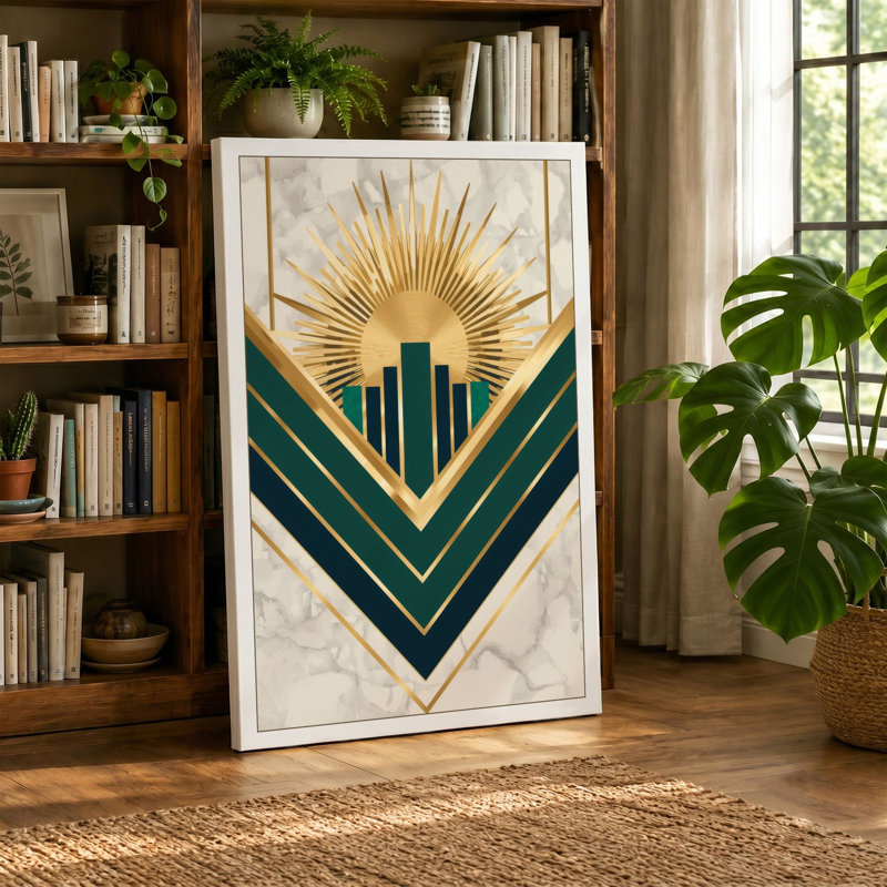 Golden Sunburst Art Deco - Wrapped Canvas, 18x12 - 45.7 x 30.5 cm, Sage Border