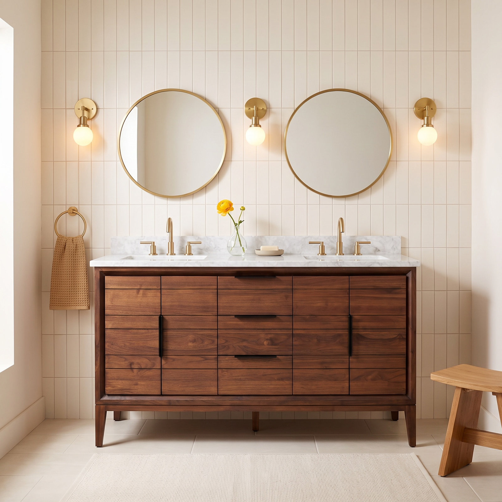 Aliso 60" Teak Double Bathroom Vanity, Carrara Marble, 8" Widespread, Java