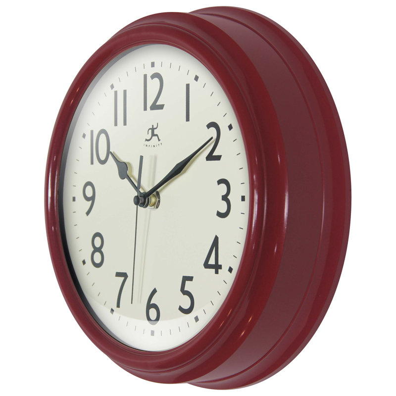Horloge murale Mid-Century / Moderne ronde en plastique 9,5 pouces, Rouge