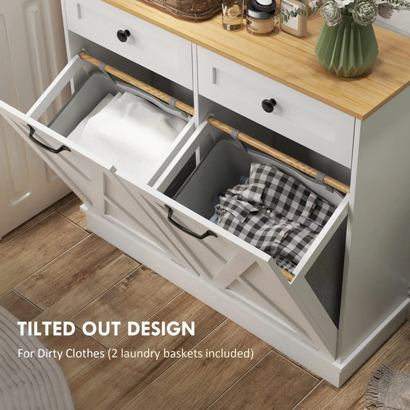 White MDF Double Tilt-Out Laundry Hamper Cabinet with Drawers