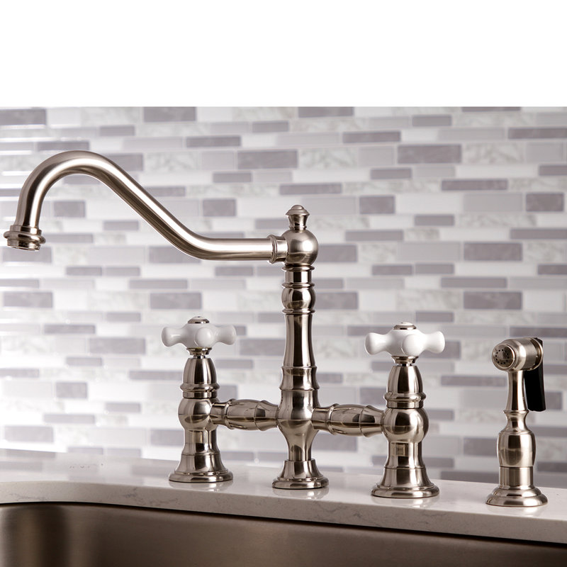 Kingston Brass Restoration Two-Handle 4-Hole Deck Mount Bridge Kitchen Faucet with Brass Side Sprayer, Brushed Nickel