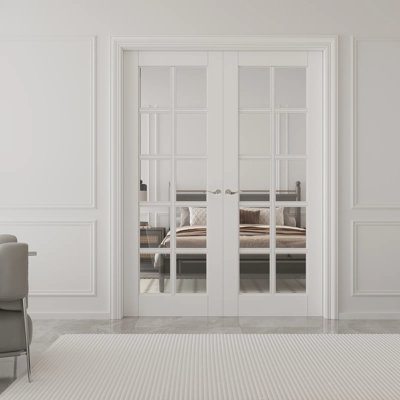 1-Lite Interior Frosted Glass French Doors Solid Manufacture Wood Double Doors