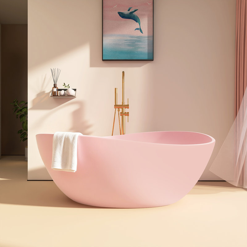 63" W X 37'' D Freestanding Acrylic Double Slipper Bathtub Matte Pink Soaking Tub Stand Alone Modern Bathroom Tub with Integrated Overflow & Center Drain