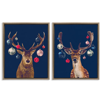 Ensemble de 2 toiles flottantes encadrées bleu marine Disco Deer par Victoria Barnes