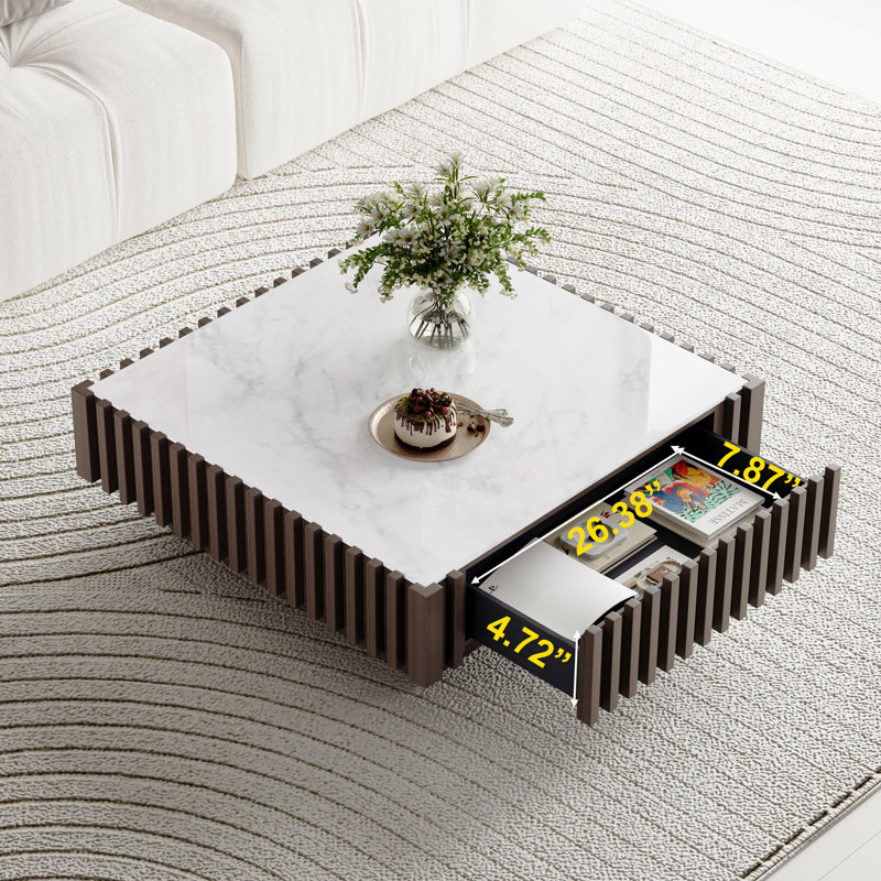Table basse 33,46 "moderne carrée, plateau de table en marbre blanc Fuax, bois massif avec 1 tiroir