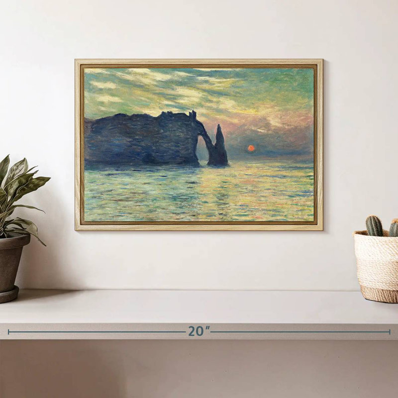 Coucher de soleil sur la falaise d'Etretat, Cadre flottant en bois naturel, 13 po x 9 po
