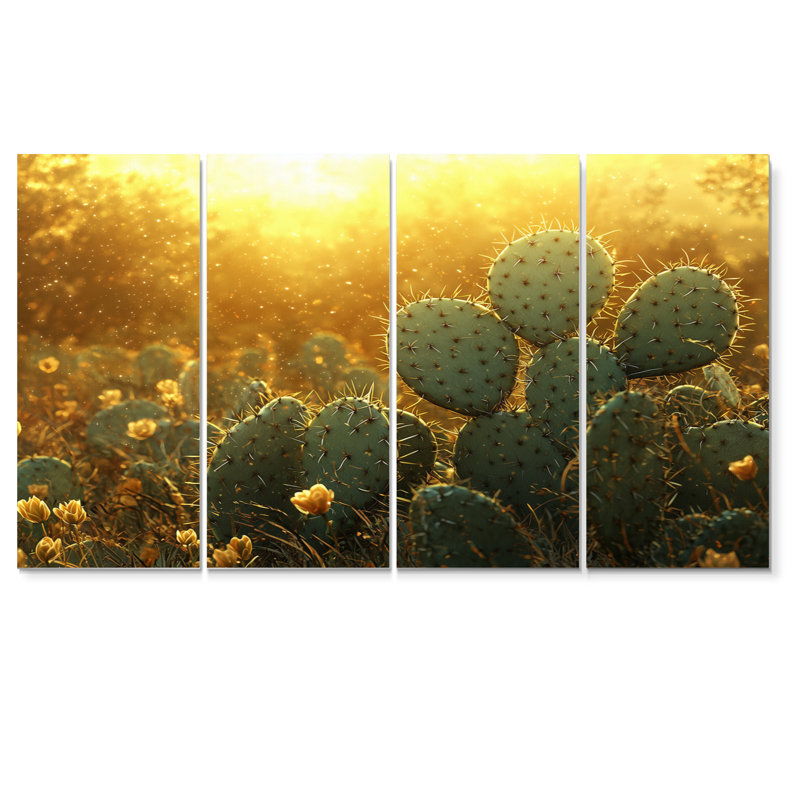 Cactus dans la lumière dorée I - décoration murale cactus floral - art mural traditionnel, H 32 po x l 64 po, 4