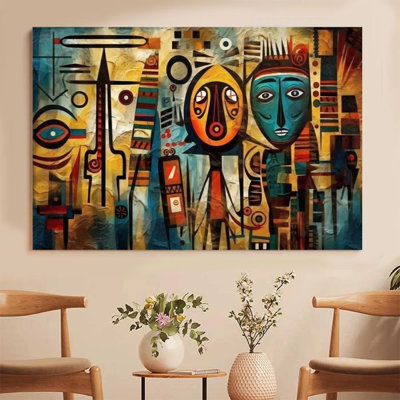 1Pc Framed Canvas Poster Print African Mask, Geometric Abstract Pattern, Primitive Tribal Art Style Wall Art, Wall Decor, Perfect for Room Decor Livin