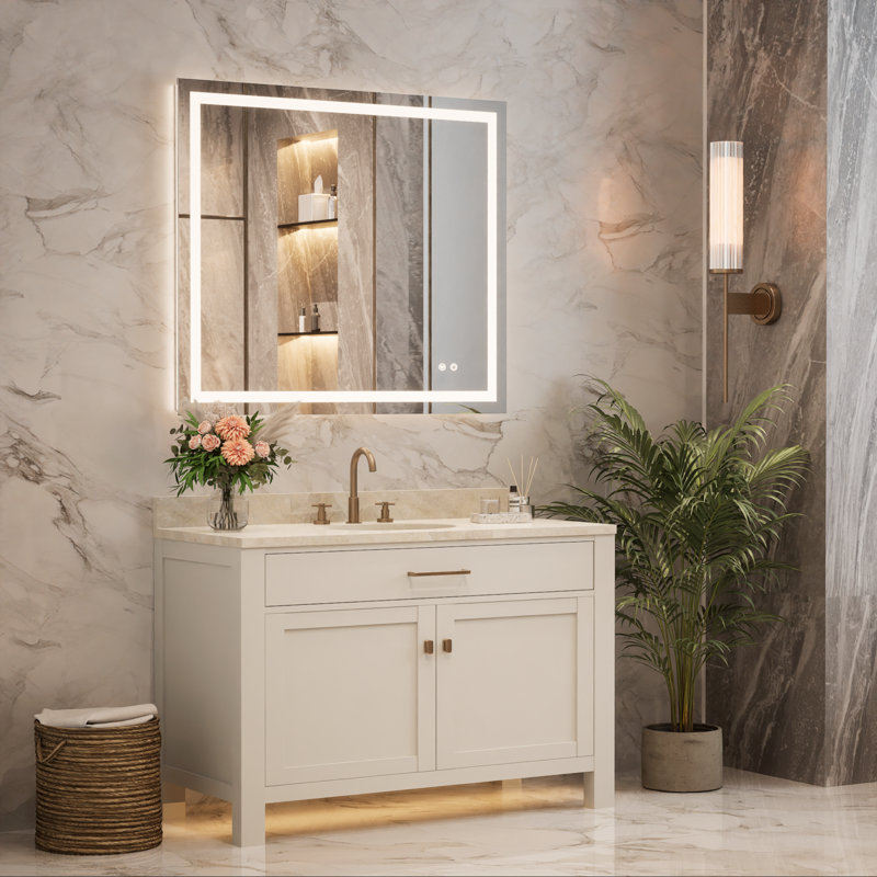 Miroir de meuble-lavabo à fixation murale avant et rétro-éclairé Cardier avec réglage en 3 couleurs, incassable, verre trempé