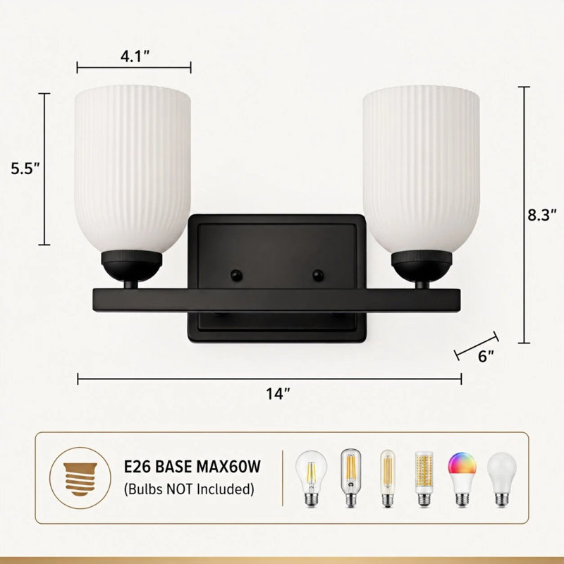 Applique murale de meuble-lavabo 2 lumières avec abat-jour en verre givré nervuré, noir mat, Noir mat, Deux lumières