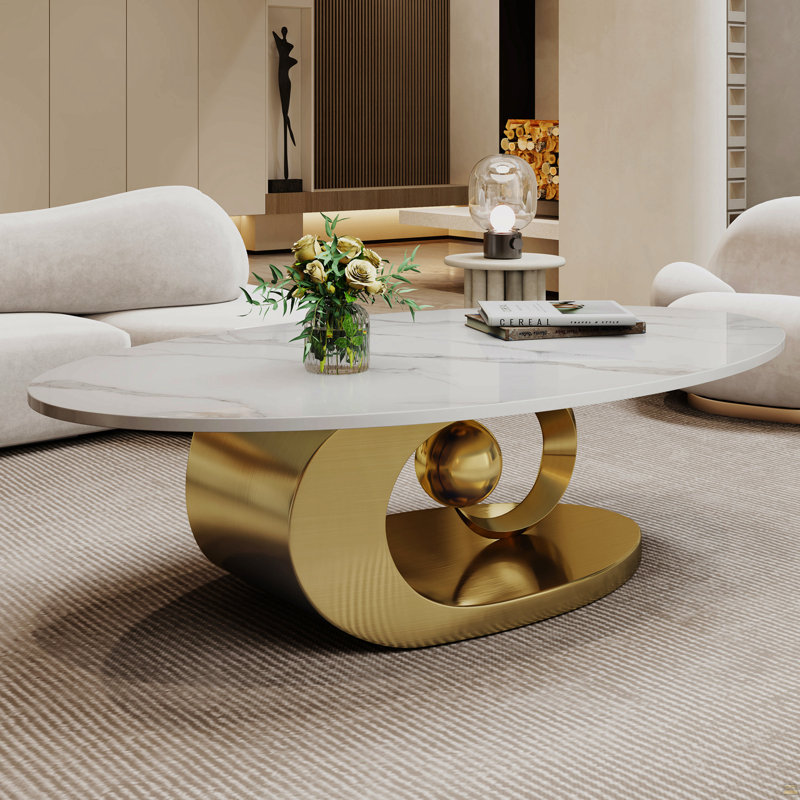 Table basse moderne en faux marbre, tables en pierre frittée avec base en acier inoxydable, Doré