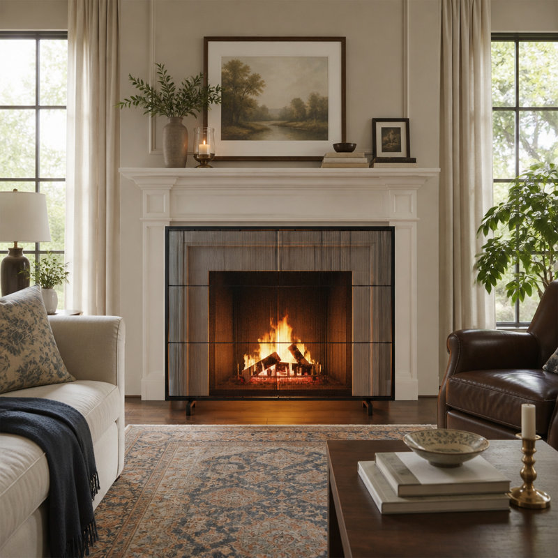 Pare-feu minimaliste en métal avec barres verticales pour une sécurité accrue et un style de décoration intérieure moderne