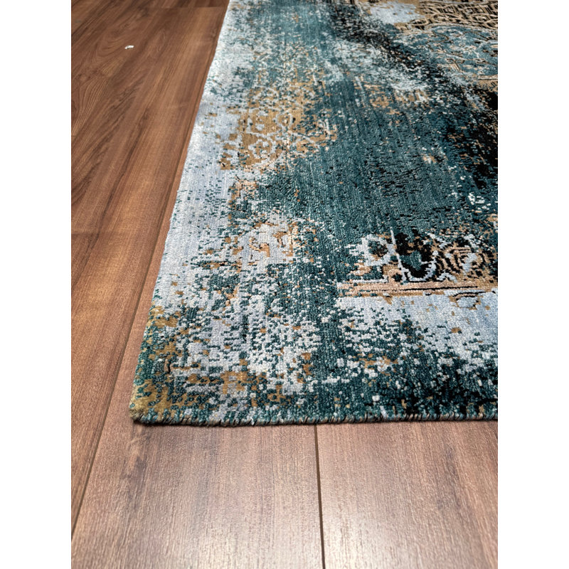 Tapis bleu en laine et soie noué à la main Original