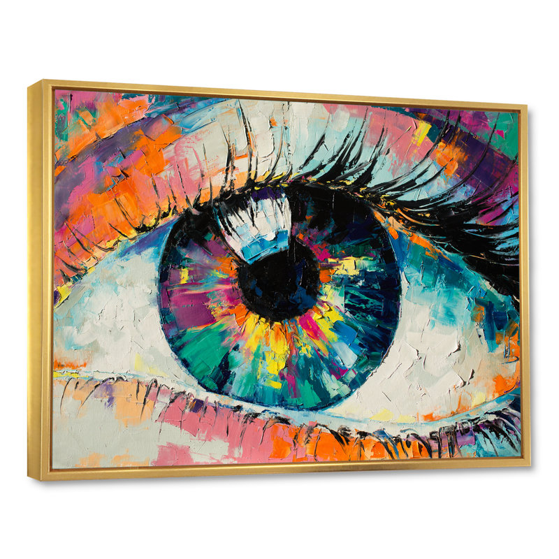 Œil de femme coloré turquoise - Œuvre d'art moderne sur toile, H 12 po x l 20 po x P 1 po, Toile encadrée flottante dorée