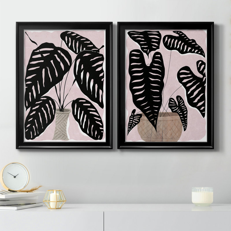 Plante en pot I - ensemble de 2 peintures sur toiles, H 18,5 po x l 49 po x P 1,5 po, Toile encadrée noire
