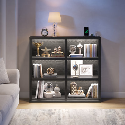 47''W Cube Bookcase with LED Lights, 6 Cubbies Open Bookshelf