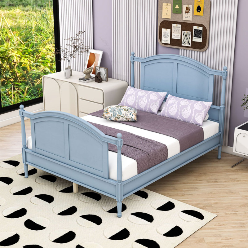 Lit plateforme en bois avec tête et pied de lit à panneau arqué, Light Blue, Full