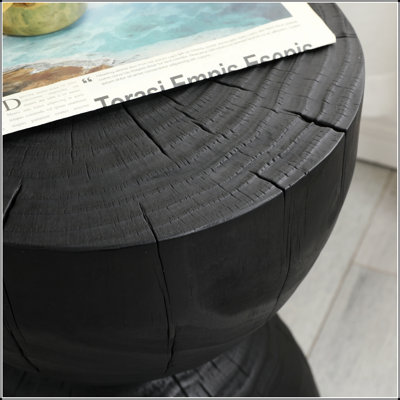 Table d'appoint ronde en bois de manguier massif avec finition craquelée vintage, idéale pour la décoration du salon et de la chambre.