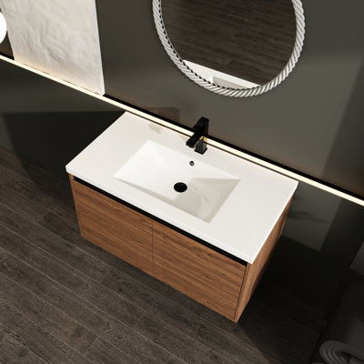 Meuble-lavabo de salle de bain brun de 91 cm (36 po) avec lavabo et armoire en résine - Bois d'ingénierie, résistant à l'usure quotidienne, au ternissement et à la corrosion. Comptoir de 91 cm (36 po), armoire à 2 portes, offre une résistance durable à la décoloration.