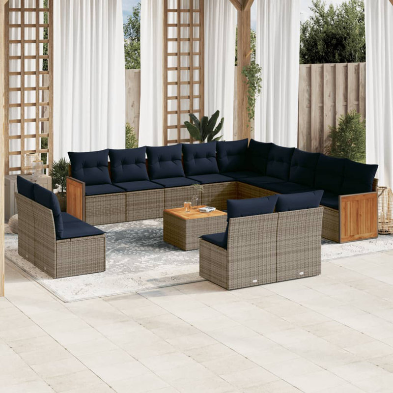 Ensemble de canapé de patio 14 pièces avec coussins en rotin de polyester, Gris, Marine