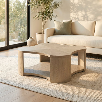 Modern Organic Shape Wooden Coffee Table, Weathered Oak Grain MDF Cocktail Table with Curved Open Storage, Unique Irregular Top Center Table for Farmhouse & Contemporary Home