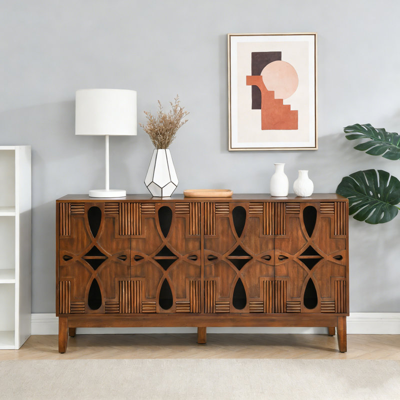 60.5" Mid Century Modern Walnut Sideboard Buffet & TV Console, 4-Door Storage Cabinet With Adjustable Shelves, Walnut