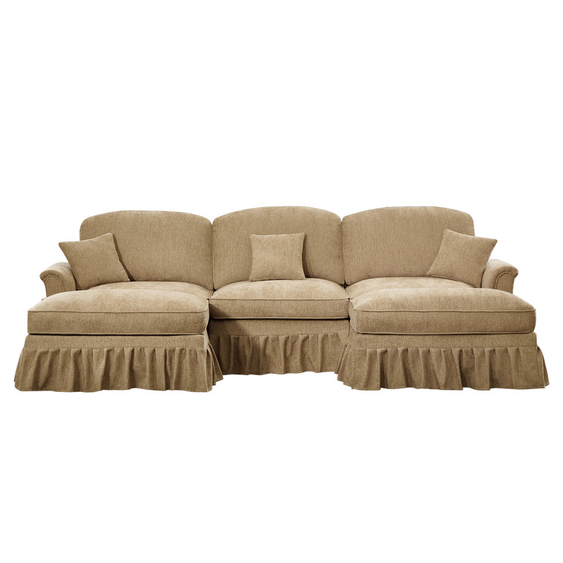 Café modulaire modulaire en U à 3 places avec chenilles café, jupes plissées, repose-pieds mobiles et pétales segmentés évasés, dossiers floraux, coussin décoratif