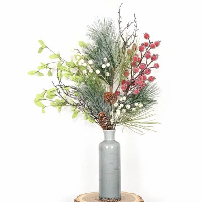 Arrangement floral 26 po artificiel de Noël en hiver dans un vase, feuilles de campagne, aiguilles de pin givrées, baies de houx, baies rouges, longues tiges, pour longues décorations de table