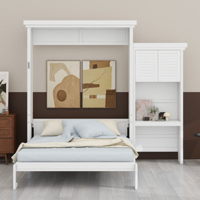 Grand lit escamotable en bois avec tablettes de rangement