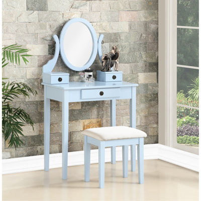 Blue Vanity Table And Stool - 3 Storage Compartments, Adjustable Mirror, Wooden Wood Amusing With Drawers Mirror