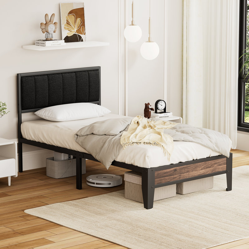 Upholstered Bed Frame with Headboard Platform Bed Frame, Black, Twin