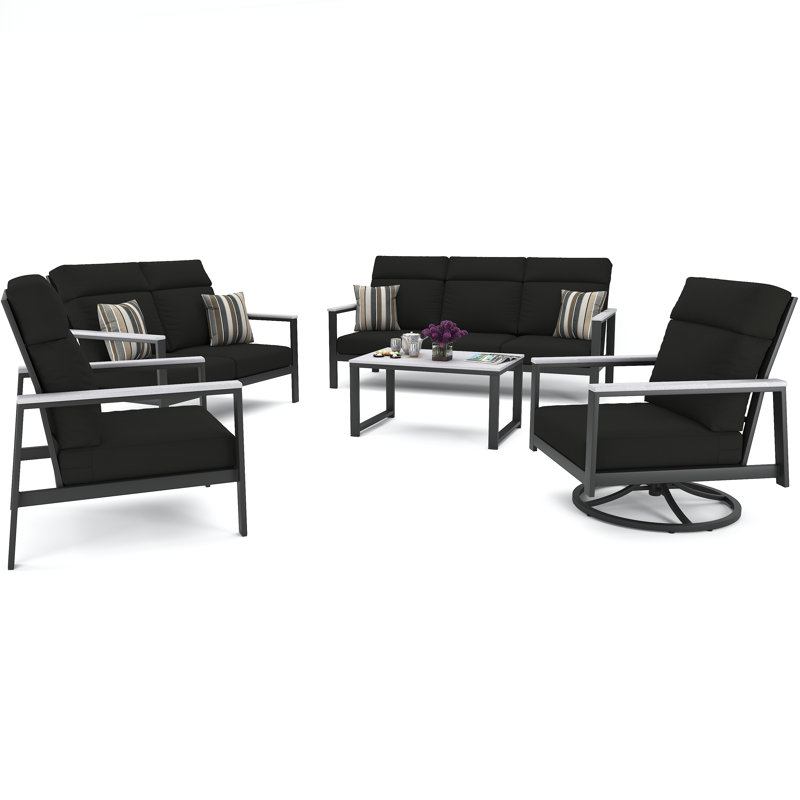 Syren 7 Person Seating Group With Sunbrella Cushions, Dark Gray/White, Canvas Black