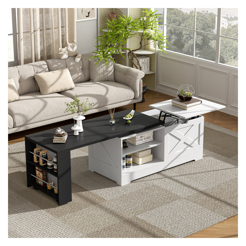 Table basse à plateau relevable avec portes de grange U-Can Farmhouse - Table rectangulaire en bois rustique avec espace de rangement caché, armoire ouverte et prise de courant pour le salon, le bureau personnel