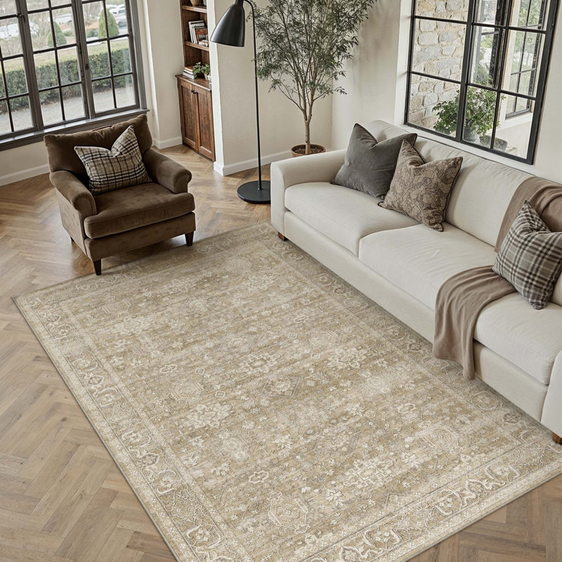 Tapis oriental lavable à la machine avec envers antidérapant Avella, Beige, Rectangle 5 pi x 7 pi