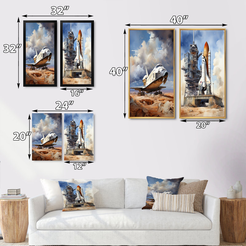 «Navette dans l'espace», 2 pièces, Encadrement doré, H 32 po x l 32 po