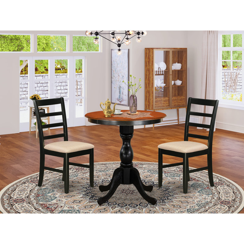 L'ensemble de mobilier de salle à manger 3 pièces comprend une table ronde avec piédestal et 2 chaises rembourrées en tissu de lin, 30 po x 30 po, noir et cerisier